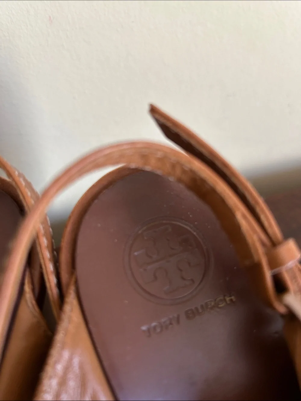 Tory Burch Brown Leather Wedge Sandals 3 1/2 inch heel.